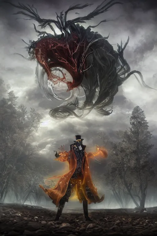 Image similar to an ultra detailed 3 d render of the hamburgler as an elden ring boss, epic anime fantasy, 8 k, in the style of a fantasy metal album cover and magic the gathering, volumetric lighting, smooth, highly detailed, digital illustration, octane render, art by albert bierstadt and greg rutkowsi, artstation