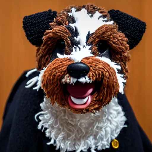 Image similar to a closeup photorealistic photograph of a cute smiling knitted bernedoodle judge dog dressed in a black gown, presiding over the courthouse. indoors, professional capture, well lit shot. this 4 k hd image is trending on artstation, featured on behance, well - rendered, extra crisp, features intricate detail, epic composition and the style of unreal engine.