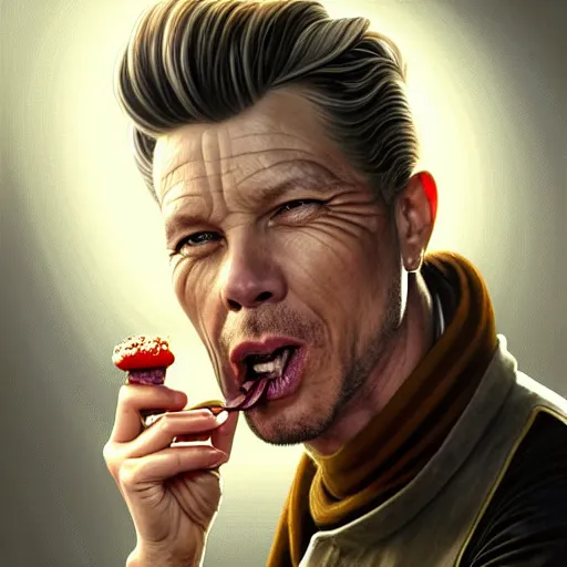 Prompt: portrait of mickey rourke eating hamburgers, extra onions and ketchup, luscious patty with sesame seeds, ethereal, handsome, d & d, fantasy, intricate, elegant, highly detailed, digital painting, artstation, concept art, matte, sharp focus, illustration, art by artgerm and greg rutkowski and alphonse mucha