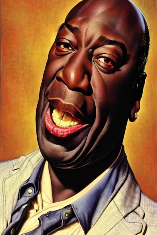 Image similar to michael clarke duncan by gil elvgren and norman rockwell and rob gonsalves and hajime sorayama, hyperrealistic, high detail, ultra detailed, highly detailed face, ruffled fabric