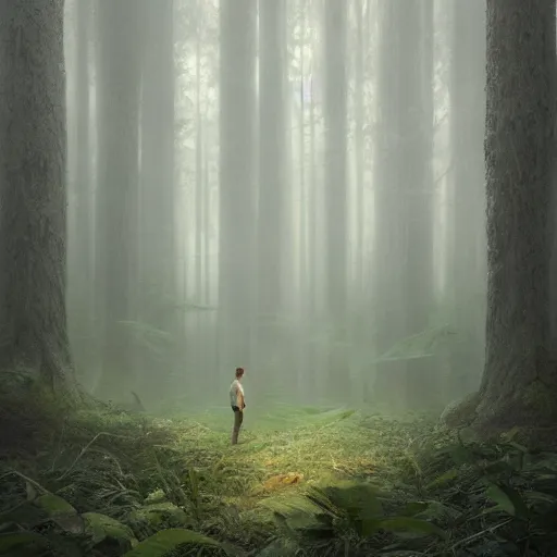 Image similar to a man standing in the middle of a forest, a detailed matte painting by mike beeple winkelmann, behance contest winner, magical realism, lovecraftian, concept art, reimagined by industrial light and magic