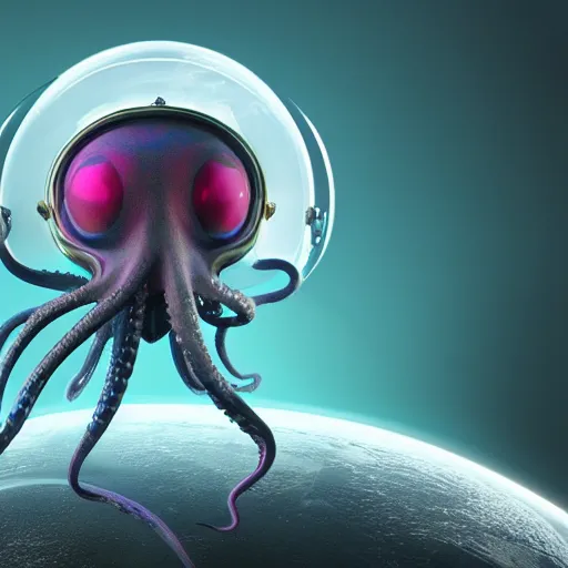 Image similar to a stunning rendition of an octopus wearing a space helmet, LED visor, hyperrealistic, octane render, pearlescent skin, floating in space