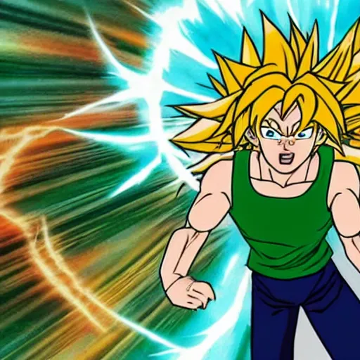 Prompt: shaggy rogers(as the legendary super saiyan) powering up to beyond 100% power