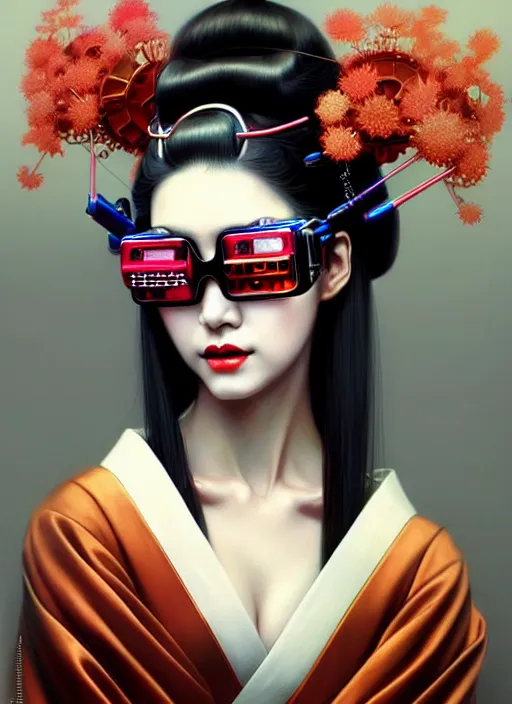 Image similar to sensual japanese geisha wearing vr eyewear, robotic, android, cyborg, cyberpunk face, steampunk, fantasy, intricate, elegant, highly detailed, colorful, vivid color, digital painting, artstation, concept art, art by artgerm and greg rutkowski and ruan jia,