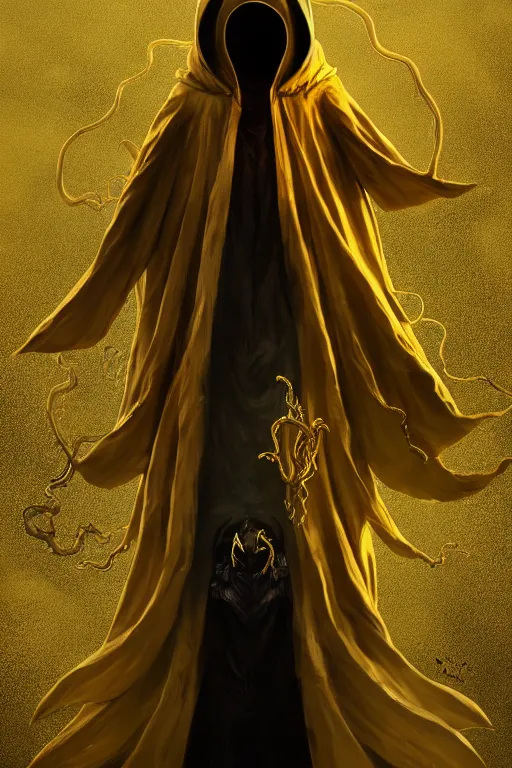 Image similar to A full body portrait of a mysterious character with no face with a very long hooded yellow cloak, a golden crown floating above his head tentacles coming out the ground art by Maciej Kuciara and Jason Chan, ominous, cosmic horror, trending on artstation, Ultra detailed, hyper realistic 4k