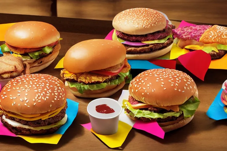 Image similar to mcdonalds colorful burgers, commercial photograph taken on table