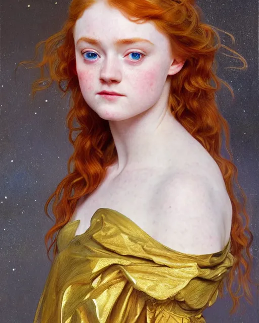 Image similar to realistic oil painting of sadie sink or redheaded saoirse ronan wearing a reflective gold club dress, highly detailed, intricate, elegant, digital painting, smooth, sharp focus, illustration, ultra realistic, 8 k, by bouguereau, alphonse mucha, artgerm, and donato giancola