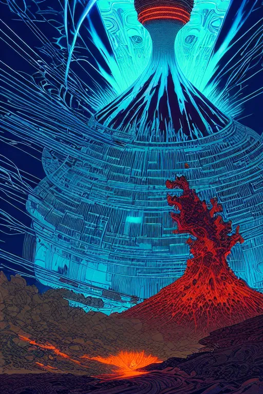 Image similar to artwork by kilian eng and ( dan mumford ) and toshi yoshida and franklin booth showing a futuristic powerstation!! in front of a ( ( exploding volcano ) ), vintage scifi, high details, dramatic lightning,, 8 k