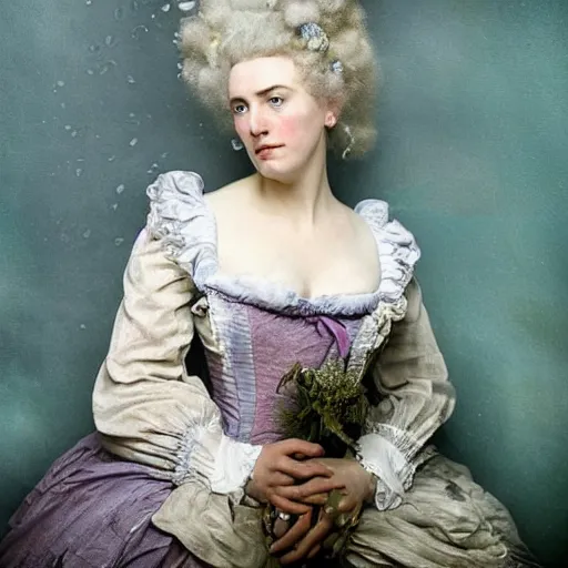 Prompt: A 18th century, messy, silver haired, mad Ophelia ( looks similar to young Kate Winslet), dressed in Marie Antoinette's ((dirty)), wedding dress, is ((drinking a cup of tea)). Everything is underwater! and floating. Greenish blue tones, theatrical, (((underwater lights))), high contrasts, oil canvas by John Everett Millais's Ophelia