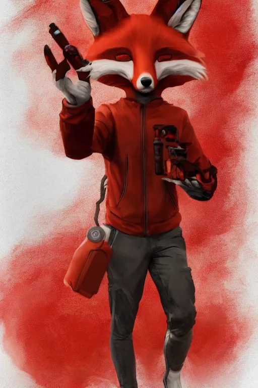 Image similar to a humanoid fox wearing scientist's clothes holding a red chemical, digital painting, masterpiece, digital art, high quality, highly detailed, concept art, trending on deviantart, high coherence, anatomically correct, five fingers, cinematic, high definition, path traced, laboratory background