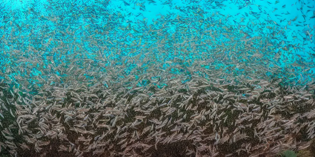 Image similar to Underwater photograph of a school of minnows swimming in sandy shallows. 8k high resolution.