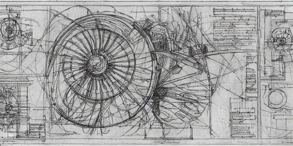 Image similar to leonardo da vinci color intricate full page scan blueprint of an environmental turbine machine, on paper, sketch ink style, :: ultra-detailed technical precision :: mixed media with white and silver lines, realistic composition, point of interest at golden ratio, light from right, more darkness on the bottom, monumentally art composition, high quality of sketching with subtle hairlines, highly detailed rounded forms, inside out and outside in, octane render