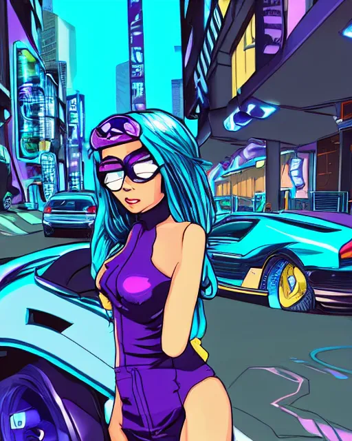 Image similar to cel shaded art of a pretty blue haired girl standing next to a purple lamborghinil, jet grind radio graphics, cyberpunk city street background