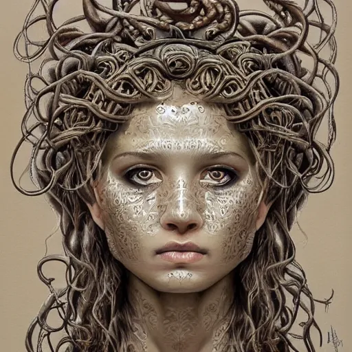 Image similar to symmetrical highly intricate, detailed portrait painting of medusa by greg rutowski