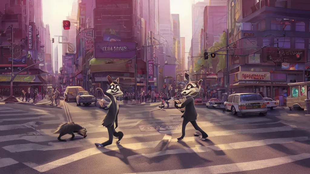 Prompt: An anthropomorphic raccoon businessman walking down a busy crosswalk at sunset, warm lighting, zootopia, other anthro characters are walking by him, extremely detailed, HDR