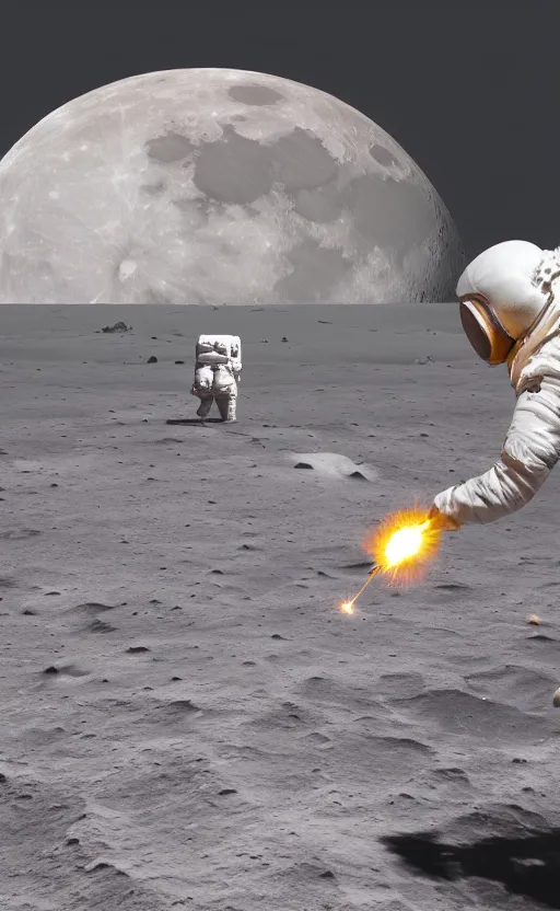 Image similar to high quality digital art of people lighting crackers on the moon, moon craters are visible, high quality cinematic lights, 8K octane render, art station