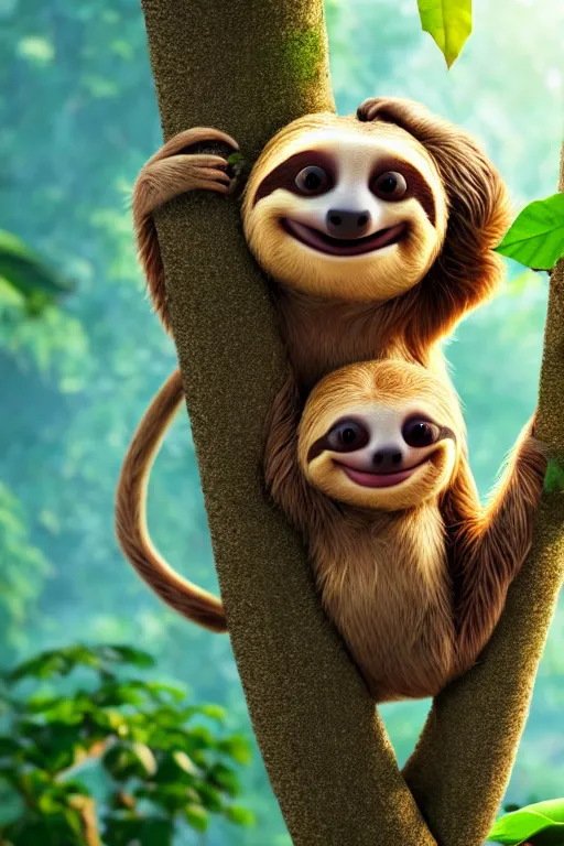 Prompt: happy sloth climbing a tree in a tropical forest holding one cup of coffee . Pixar Disney 4K 3d render funny animation movie Oscar winning trending on ArtStation and Behance. Ratatouille style.