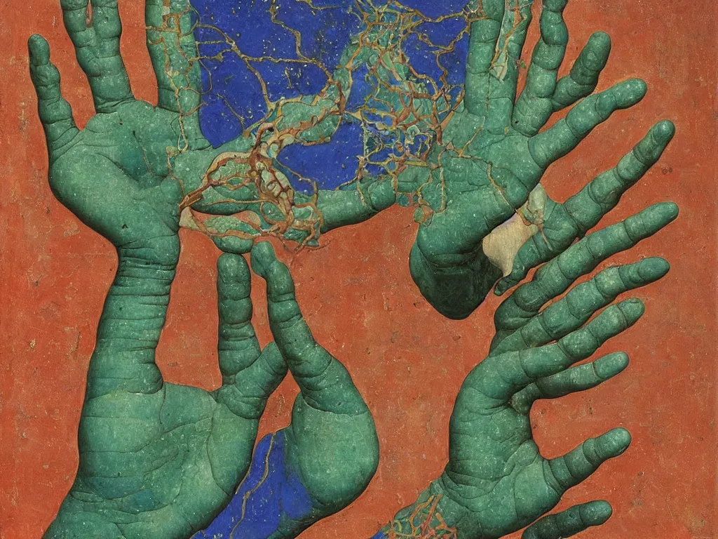 Image similar to sculpted hand with visible veins holding an eye. lapis - lazuli, emerald, turquoise, malachite, cinnabar, earth brown. painting by piero della francesca, ernst haeckel, agnes pelton