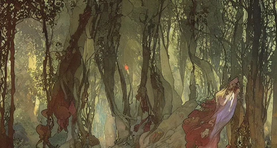 Prompt: Enchanted and magic forest, by Alfons Maria Mucha