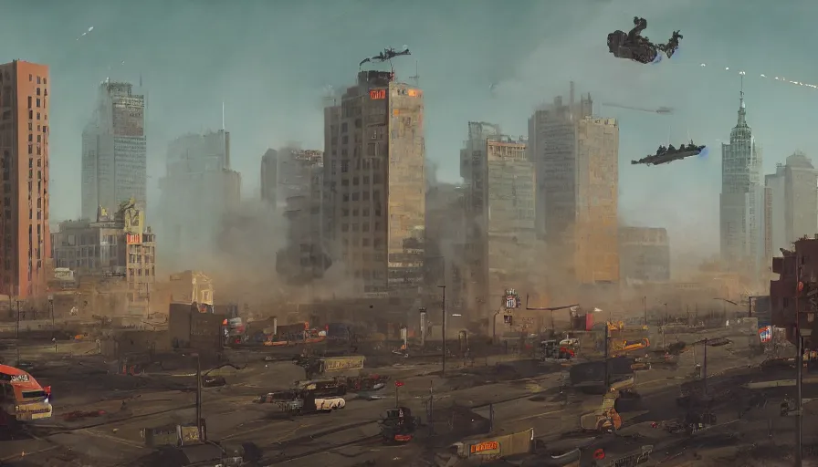 Image similar to warsaw downtown, soldiers and mech fight, simon stalenhag, 4 k, ultra detailed, explosions and smoke