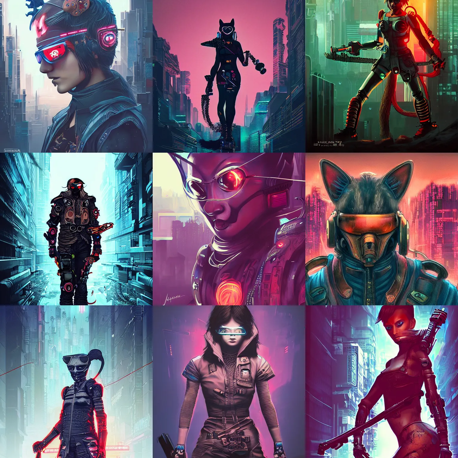 Prompt: cyberpunk cat warrior, trending on Artstation, James Jean, Kuvshinov Ilya, fine detail, movie poster, dramatic lighting