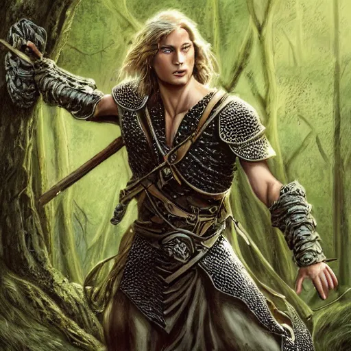 Image similar to a young travis fimmel as an elven warrior in chainmail, in the style of brom, keith parkinson, heroic, highly detailed, concept art, high key, ambient lighting, in a forest,