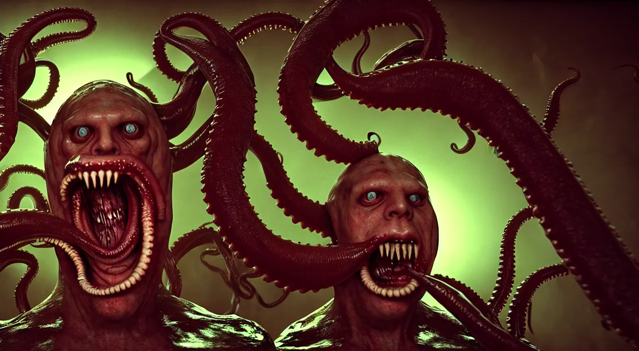 Image similar to gary busey as a monster with tentacles, horror video game, sci fi horror, alien ( 1 9 7 9 ), body horror, unreal engine, octane render, depth of field, cycles render, hd