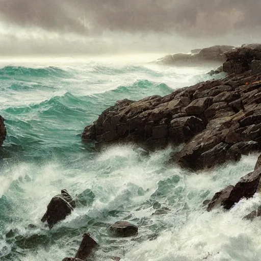 Image similar to rocks being lashed by waves and singing, stormy weather, ocean, painting by greg rutkowski