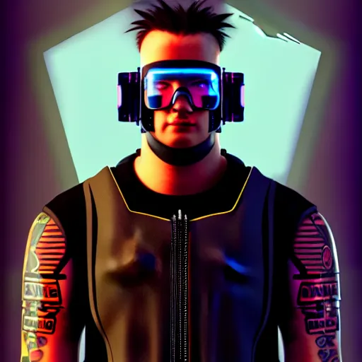 Image similar to Cyberpunk Benny the Bouncer, Tattoo on the neck, 4K symmetrical portrait, character concept art, hyper quality, future Doctrine, secret organization, 4k post-processing, moody lighting, rendered by octane engine