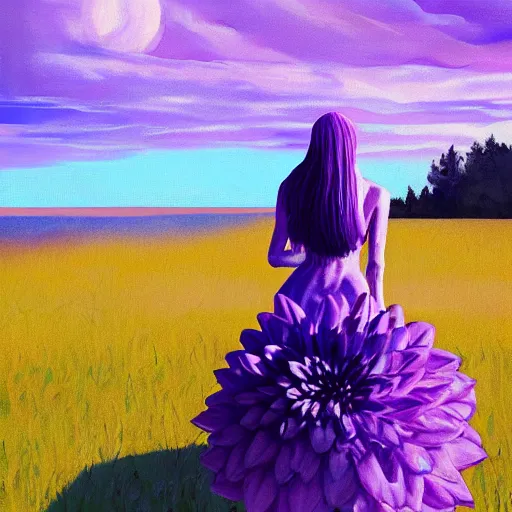 Image similar to portrait, giant purple dahlia flower head, woman running at orange beach, surreal photography, sunrise, blue sky, dramatic light, impressionist painting, digital painting, artstation, simon stalenhag