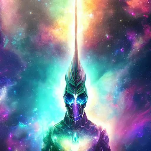 Image similar to photorealistic fantasy cosmic concept art of a cosmic nebula God in dark matter armor hovering in a unknown galaxy, fully body portrait, cinematic, dynamic lighting, ultra detailed, creative, trending on art station