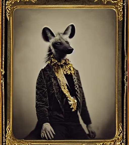 Image similar to professional studio photo portrait of anthro anthropomorphic spotted hyena head animal person fursona smug smiling wearing elaborate pompous royal king robes clothes gold frame by Louis Daguerre daguerreotype tintype