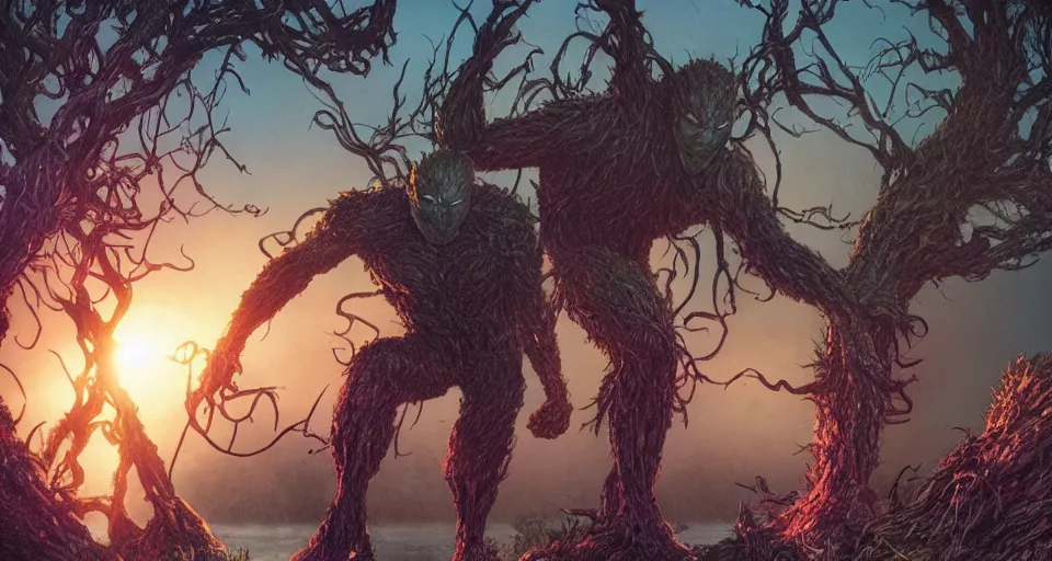 Image similar to Marvel Comics Man Thing Battles DC Comics Swamp Thing In A Misty Swamp, bats, sunset, volumetric lighting, hyperrealistic, beautiful details, HDR, octane render, action shot, wide angle, bokeh, Yasushi Niarasawa Moebius Jim Steranko Style