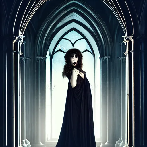 Image similar to a photograph of mary elizabeth winstead as a vampire in a gothic cathedral at night, gloomy, horror, photograph by artgerm and alphonse mucha and ross tran and greg rutkowski.