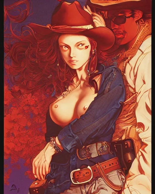 Prompt: a sexy cowgirl, midshot single subject, art poster, ambient lighting, detailed, by ayami kojima, makoto shinkai, kilian eng