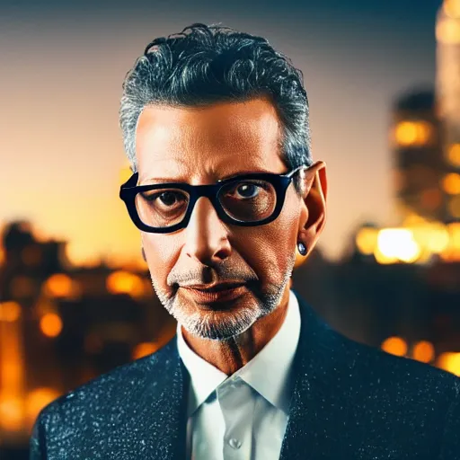 Prompt: a still of Jeff Goldblum . Shallow depth of field. City at night in background, lights, colors ,studio lighting, mood, 4K. Profession photography