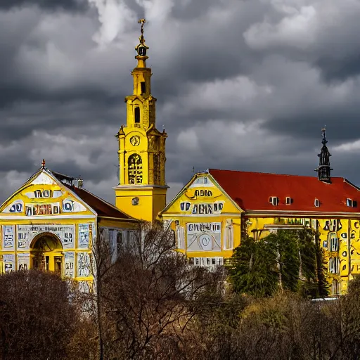 Prompt: a large yellow building with a steeple on top of it, a flemish baroque by karl stauffer - bern, unsplash, heidelberg school, panorama, wimmelbilder, on a hill, sadness, dark ambiance, by banksy