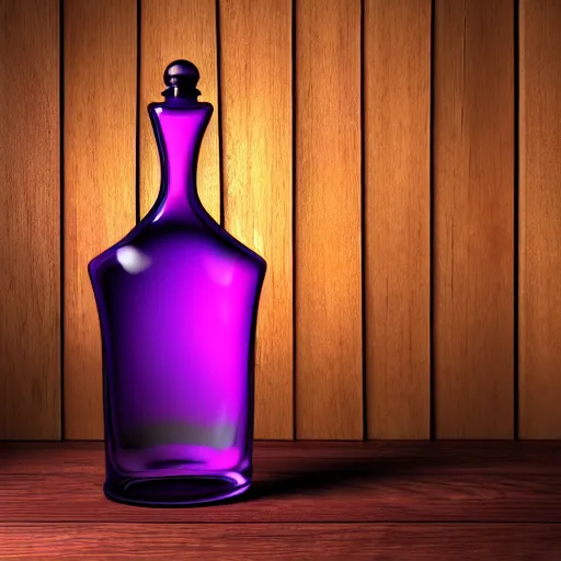 Image similar to hyper realistic poison bottle, purple liquid inside on a wood table. the bottle is design like a perfume bottle. background is a dark ancient laboratory complex architecture wood and stone. professional digital art, dnd style, ultra detailed, trending on artstation, concept art, octane render, unreal engine 5, 8 k rendering.