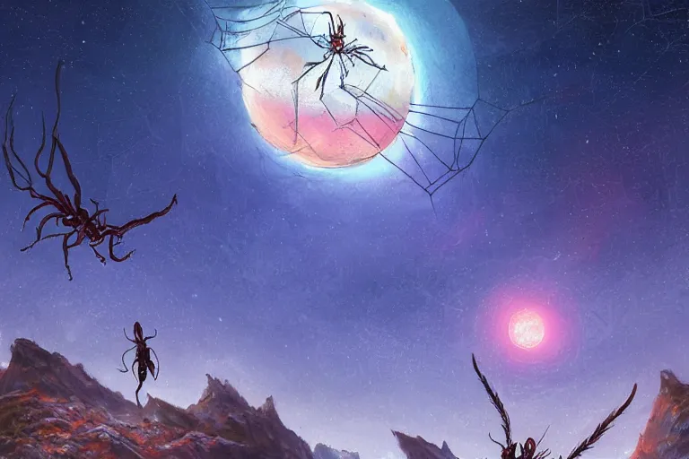 Image similar to View from afar of nest with many gigantic spiders, style by Andrews Esao and Schaller Thomas W, A sky full of stars by Rossier Jessica, Trending on artstation, oasis color scheme, Trending on artstation, alien valley planet, style by Rossier Jessica, Trending on artstation