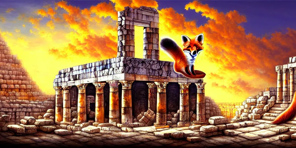 Prompt: illusion painting hidden image : an adorable small fox in the huge ruins of the second temple in jerusalem. the dreamy clouds above are shaped like the new temple. a hooded bearded old man in a brown tunic laughing, colorful 8 k, art station, intricate superb details, digital art, illusion painting hidden image.