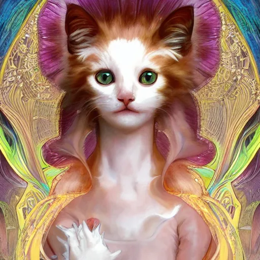 Prompt: a photograpic portrait of a anthropomorphic kitten wearing white clothes, iridescent colors, fantasy, intricate, elegant, highly detailed, digital painting, artstation, concept art, smooth, sharp focus, illustration, art by artgerm and H R Giger and alphonse mucha