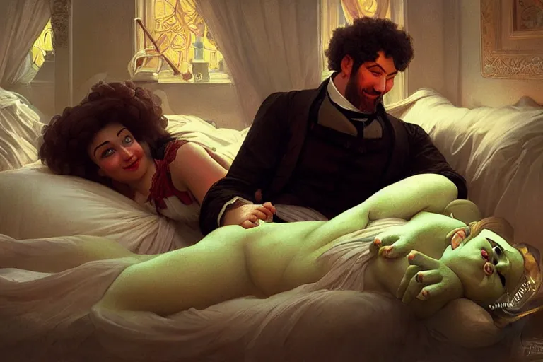 Image similar to russian poet alexander pushkin and shrek together in bed, portrait, highly detailed, digital painting, artstation, concept art, smooth, sharp focus, illustration, cinematic lighting, art by artgerm and greg rutkowski and alphonse mucha