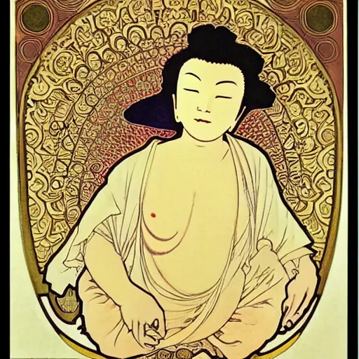 Prompt: a buddha dreaming of tai chi silhouetted against a rising sun, ornate details, japanese style, alphonse mucha