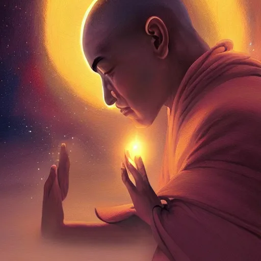 Image similar to A monk praying to the cosmos for inner peace, digital art, artstation, dramatic lighting, intricate, wild, highly detailed, digital painting, artstation, concept art, smooth, sharp focus, illustration, art by artgerm and greg rutkowski