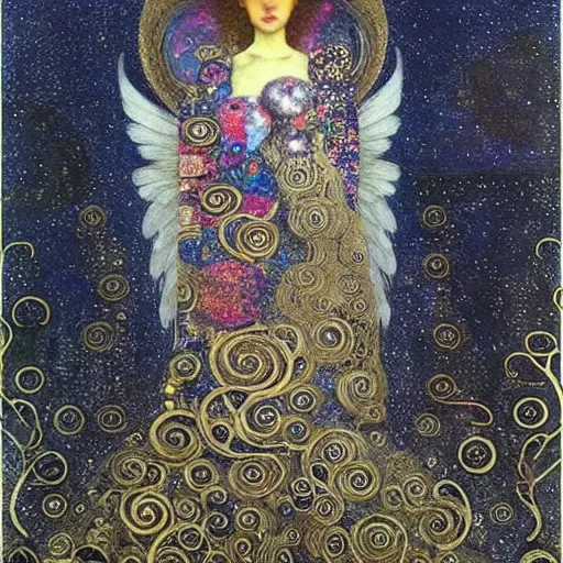 Image similar to dreamy angel, in the cosmos, 🌫🌌 intricate long shelve robes, intricate detail, klimt, royo,