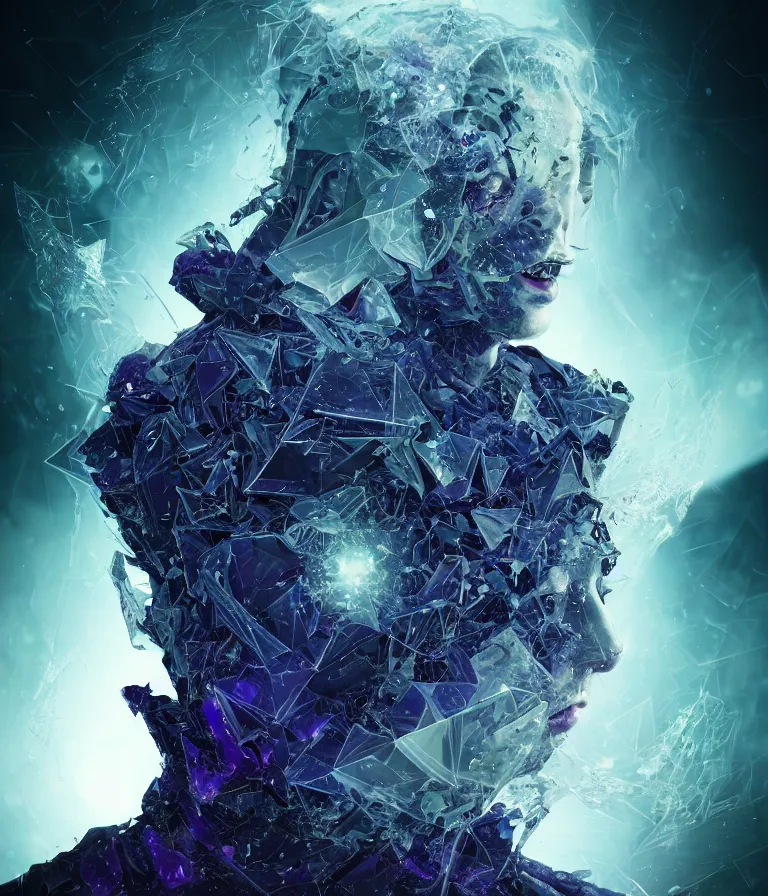 Image similar to impressive ominous front!! shot photo of a court jester character fine portrait fine portrait mesmerizing fractal hyper cubes platinum cracked dark future hyper dimensional space galactic crystal nebula edges elegant detailed intricate concept artstation sharp focus ray tracing cinematic masterpiece temporal corruption beeple wlop germ 8 4 k scifi glossy hyper realistic illustration canon eos r 3 fujifilm x - t 3 0 sony alpha a 6 6 0 0