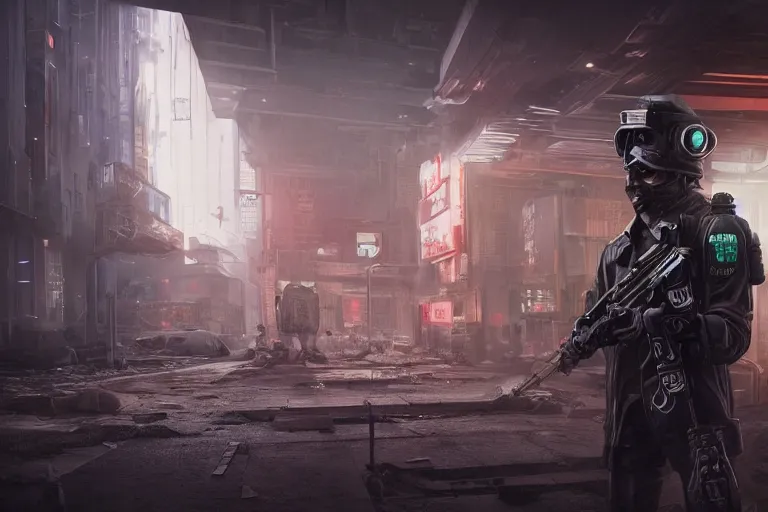 Image similar to 3d render of a detailed cyberpunk soldier with full-head helmet carrying a sci-fi futuristic energy rifle in his arms, standing in front of a dilapidated advanced cyberpunk city, 4k, Unreal Engine, octane render