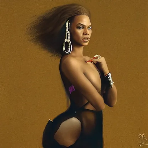 Prompt: sad flirtatious Beyonce, painted by michael karcz