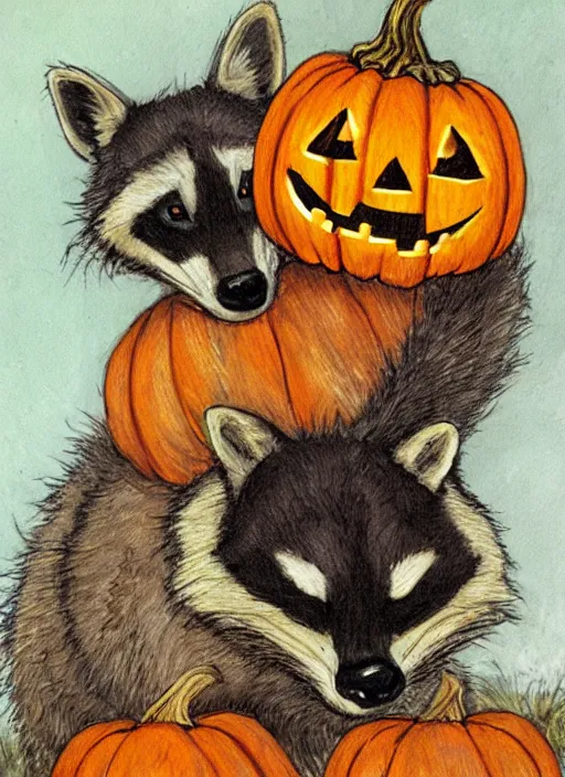 Prompt: halloween pumpkin in the shape of a raccoon by Rebecca Guay art, high quality, highly detailed,