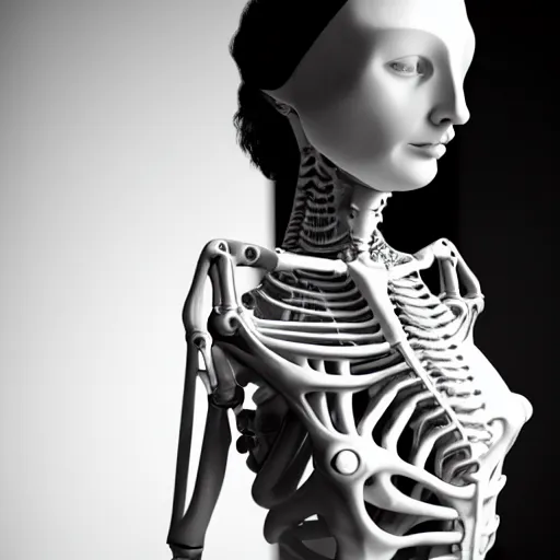 Image similar to black and white photographic foggy portrait, biomechanical beautiful young female priestess - robot bust, body ribs meshes,, volumetric light, rim light, by dora maar and cecile beaton, big gothic fashion pearl embroidered collar, 8 k